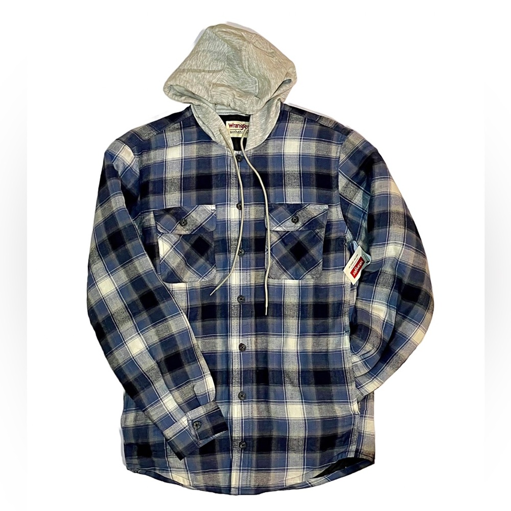 Wrangler Men’s Hooded Flannel | Small - Blue & White